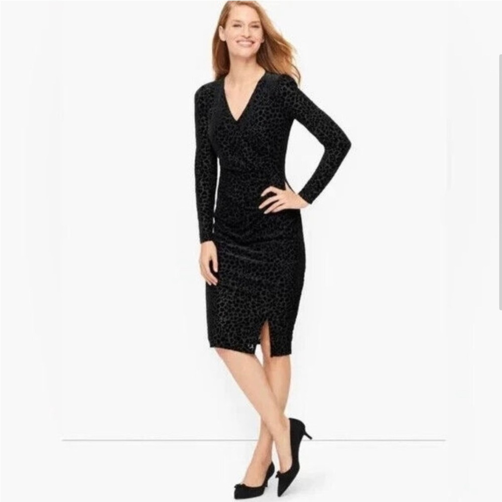 Talbots Black Cheetah Velvet Detail Wrap Dress